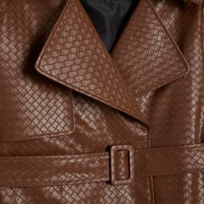 Brown Faux Leather Woven Trench jacket
