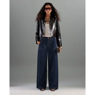 Indigo Mid Rise Tailored Baggy Wide Leg Jeans