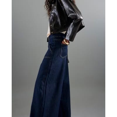 Indigo Mid Rise Tailored Baggy Wide Leg Jeans