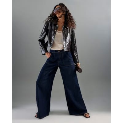 Indigo Mid Rise Tailored Baggy Wide Leg Jeans