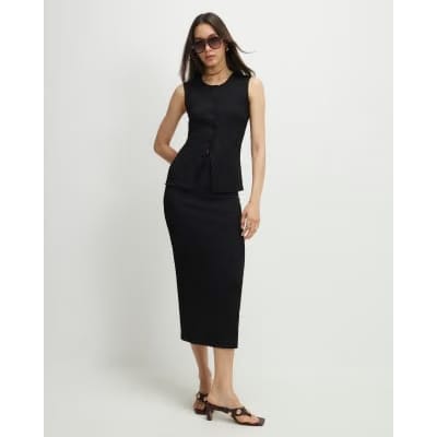 Black Textured Midi Skirt