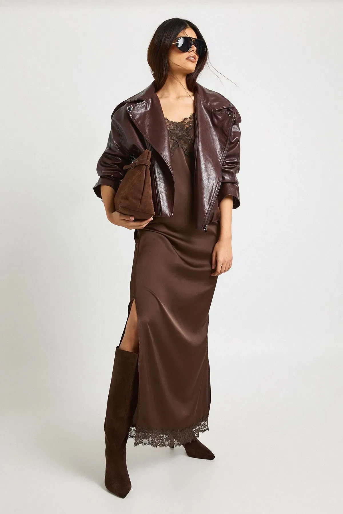 Satin Lace Mix Column Maxi Dress