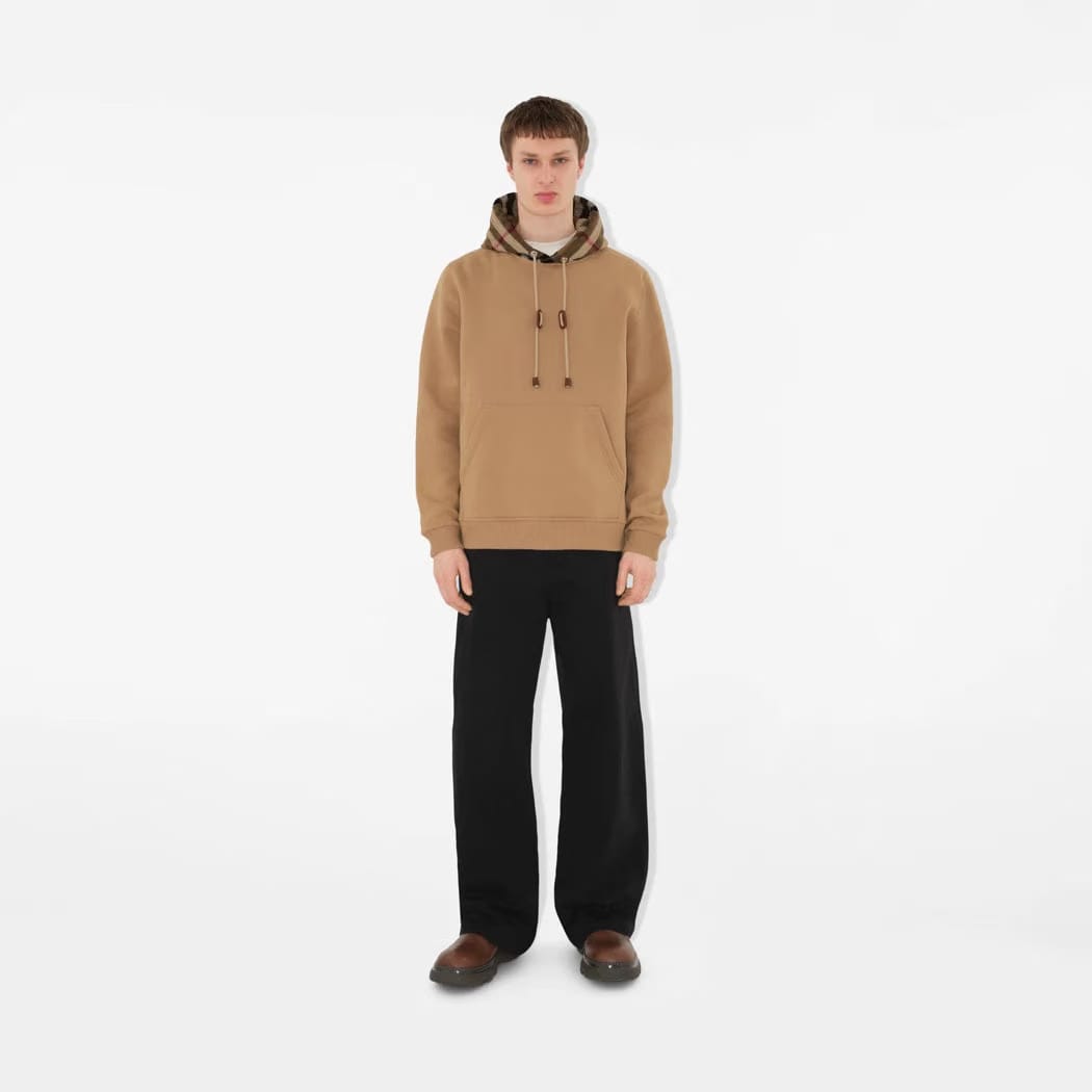 Check Trim Cotton Blend Hoodie