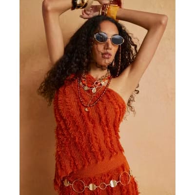 Orange Knitted Asymmetric Fringe Top