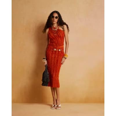 Orange Knitted Asymmetric Fringe Top
