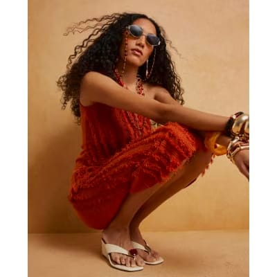 Orange Knitted Asymmetric Fringe Top