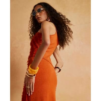 Orange Knitted Asymmetric Fringe Top