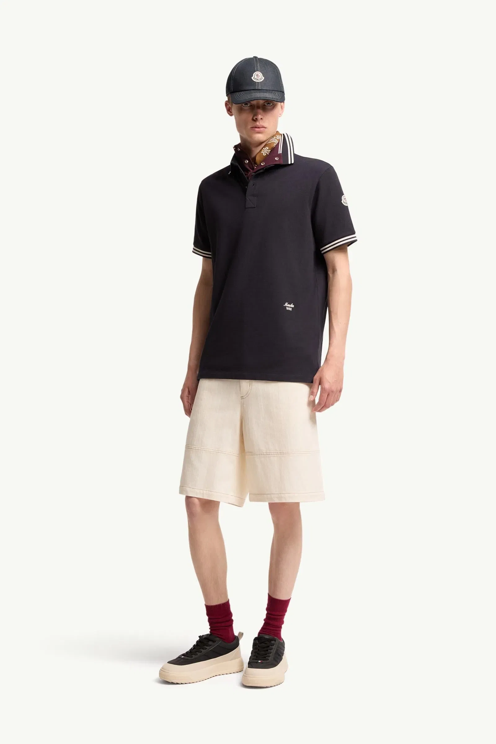 Moncler Striped Trim Cotton Piquet Polo Shirt Dark Blue Dark Blue