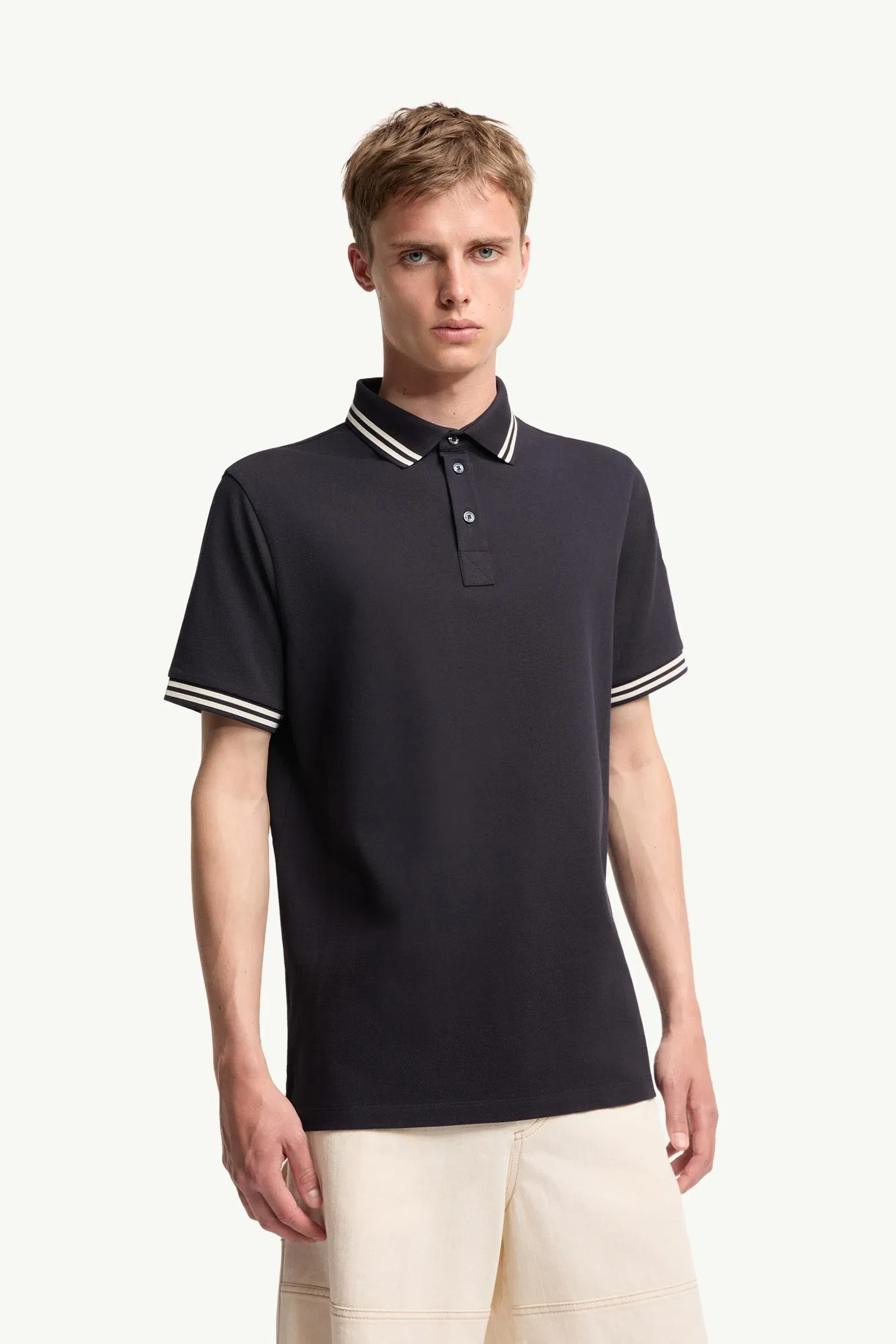 Moncler Striped Trim Cotton Piquet Polo Shirt Dark Blue Dark Blue