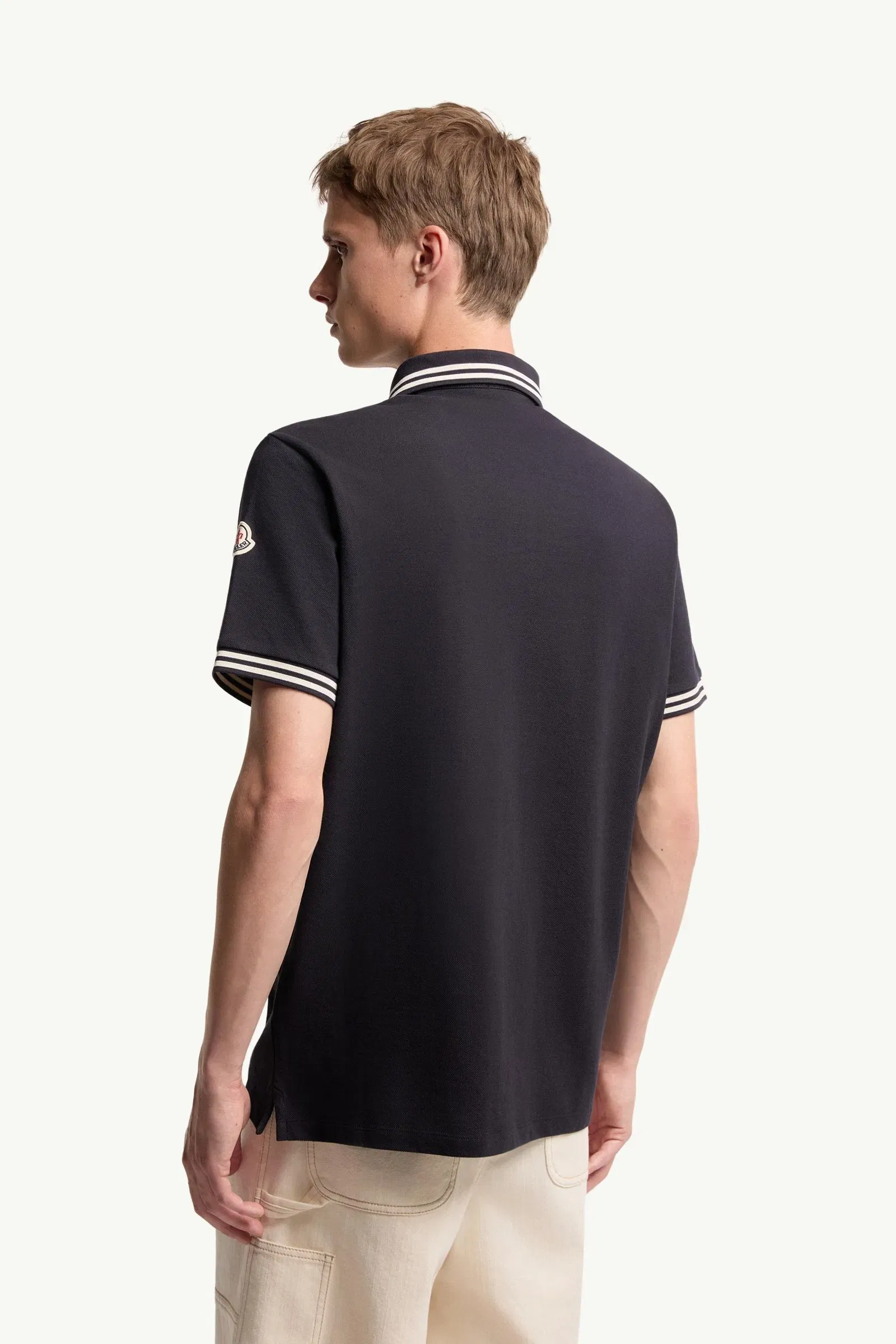 Moncler Striped Trim Cotton Piquet Polo Shirt Dark Blue Dark Blue