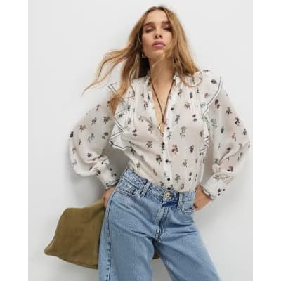 Cream Floral Ruffle Detail Blouse