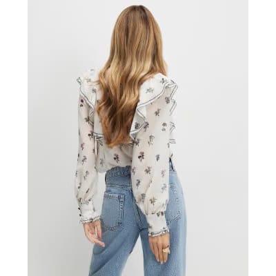 Cream Floral Ruffle Detail Blouse