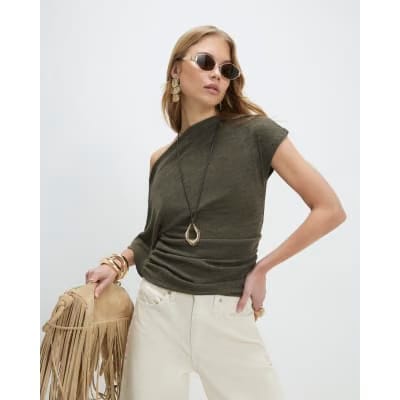 Khaki Banded Hem Drape Top