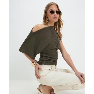 Khaki Banded Hem Drape Top