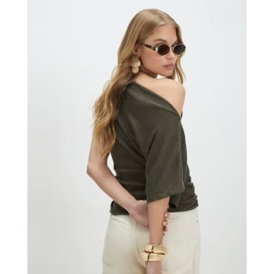 Khaki Banded Hem Drape Top