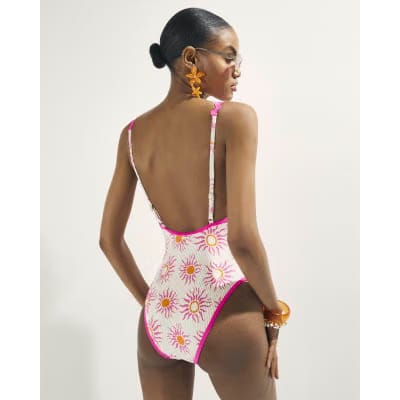 White Sun Print Textured Swimsuit