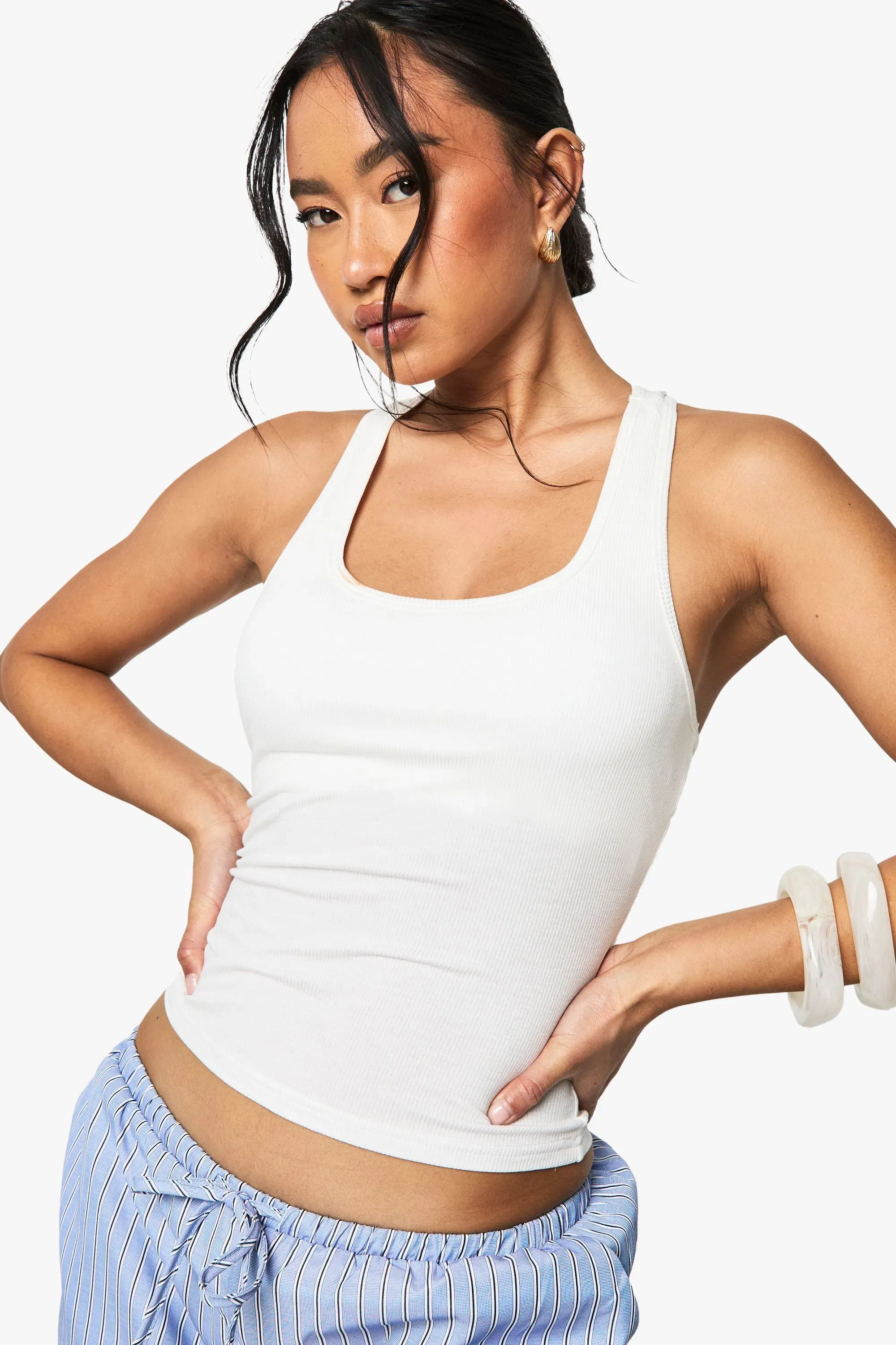Built In Padded Soft Ribbed Tank Top With Racer Back