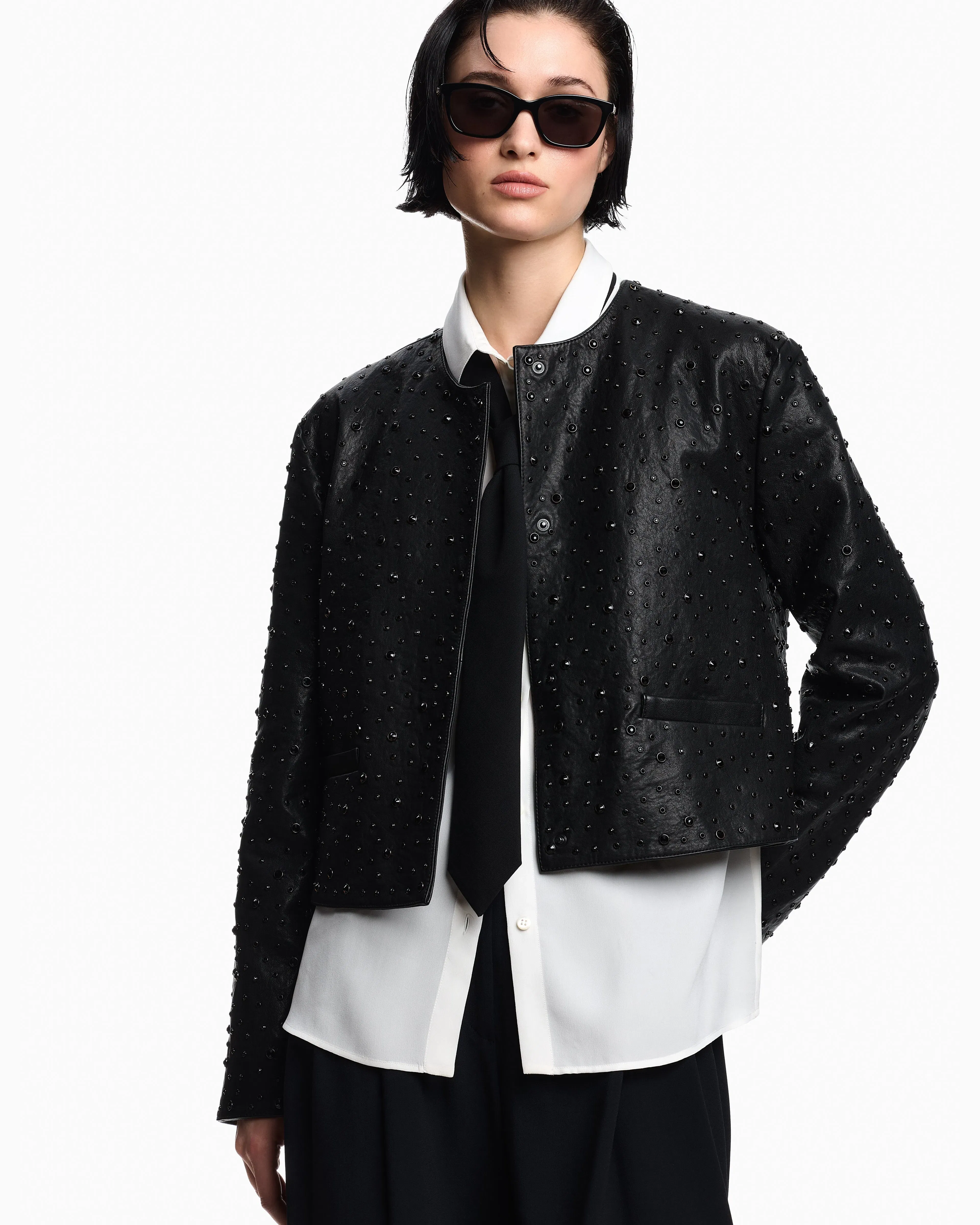 Emporio Armani Boxy jacket in vegetable-tanned nappa lambskin with all-over crystals