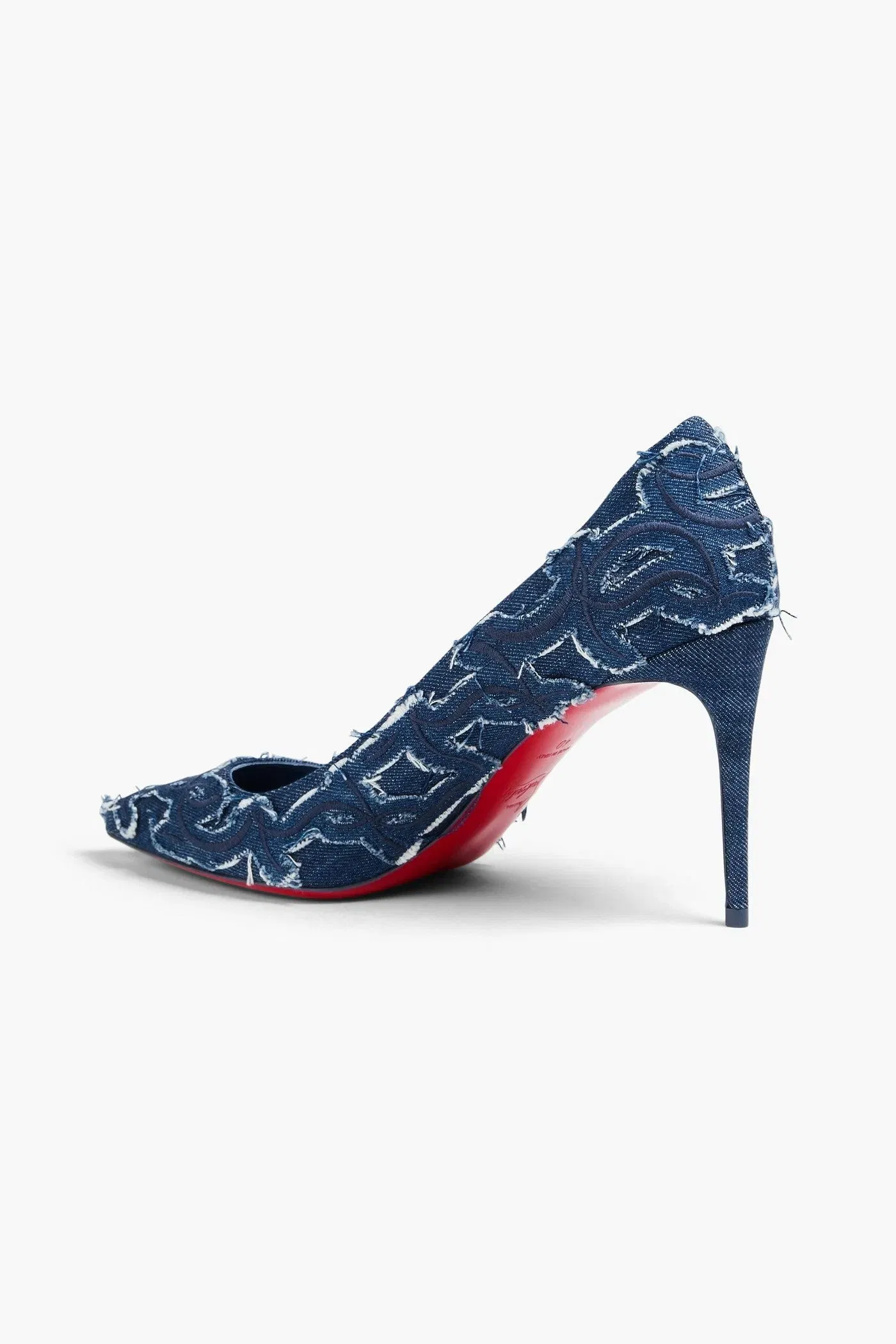 Christian Louboutin Kate 85 Embroidered Distressed Denim Pumps Mid Denim Women's
