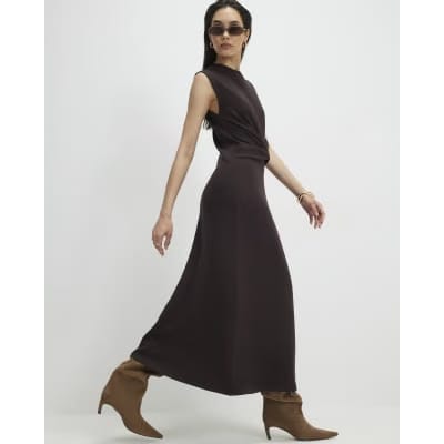 Brown Premium Twist Front Midi Dress