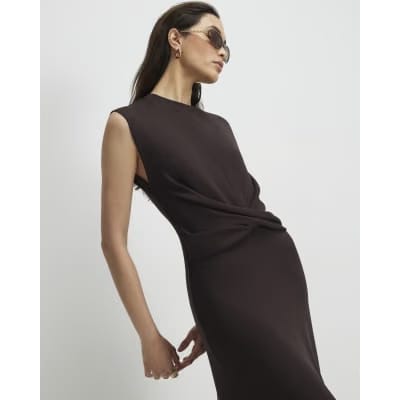 Brown Premium Twist Front Midi Dress