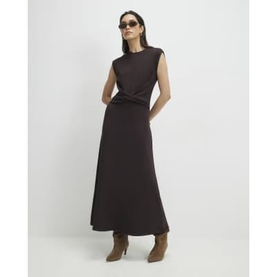 Brown Premium Twist Front Midi Dress