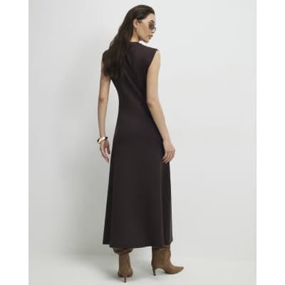 Brown Premium Twist Front Midi Dress