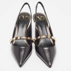 Valentino Black Leather Rockstud Slingback Pumps