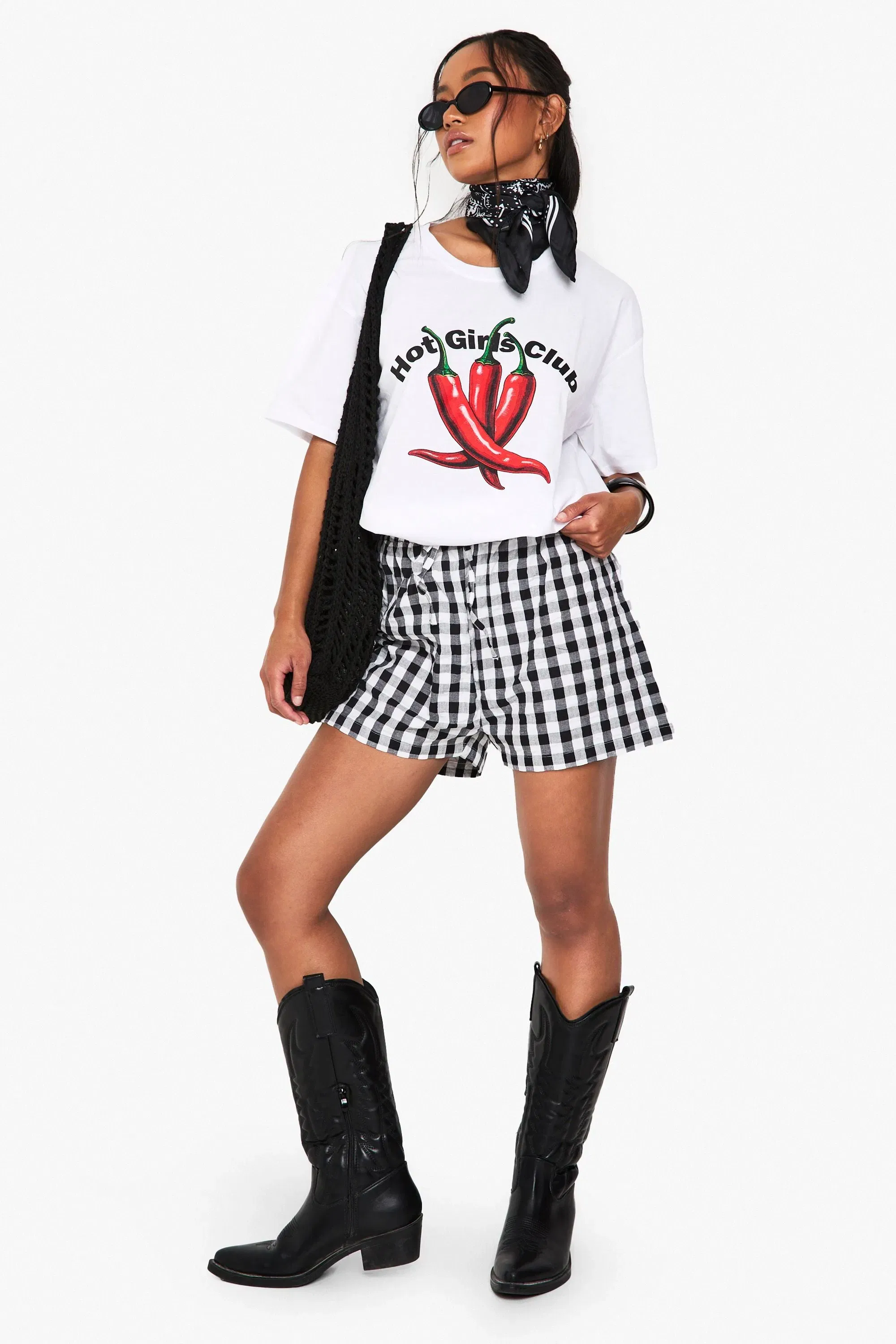 Black Seersucker Gingham Drawstring Waist Shorts