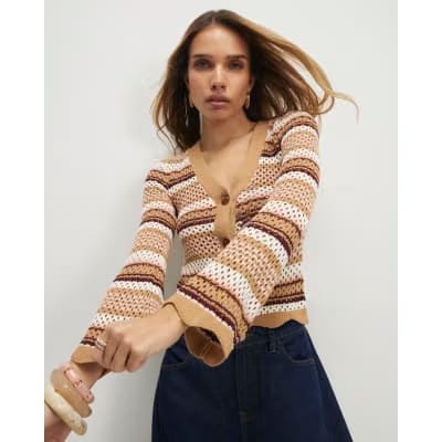 Beige Crochet Knit Striped Cardigan