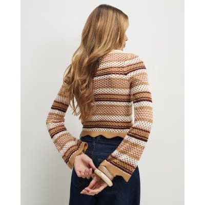Beige Crochet Knit Striped Cardigan