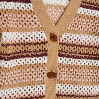 Beige Crochet Knit Striped Cardigan