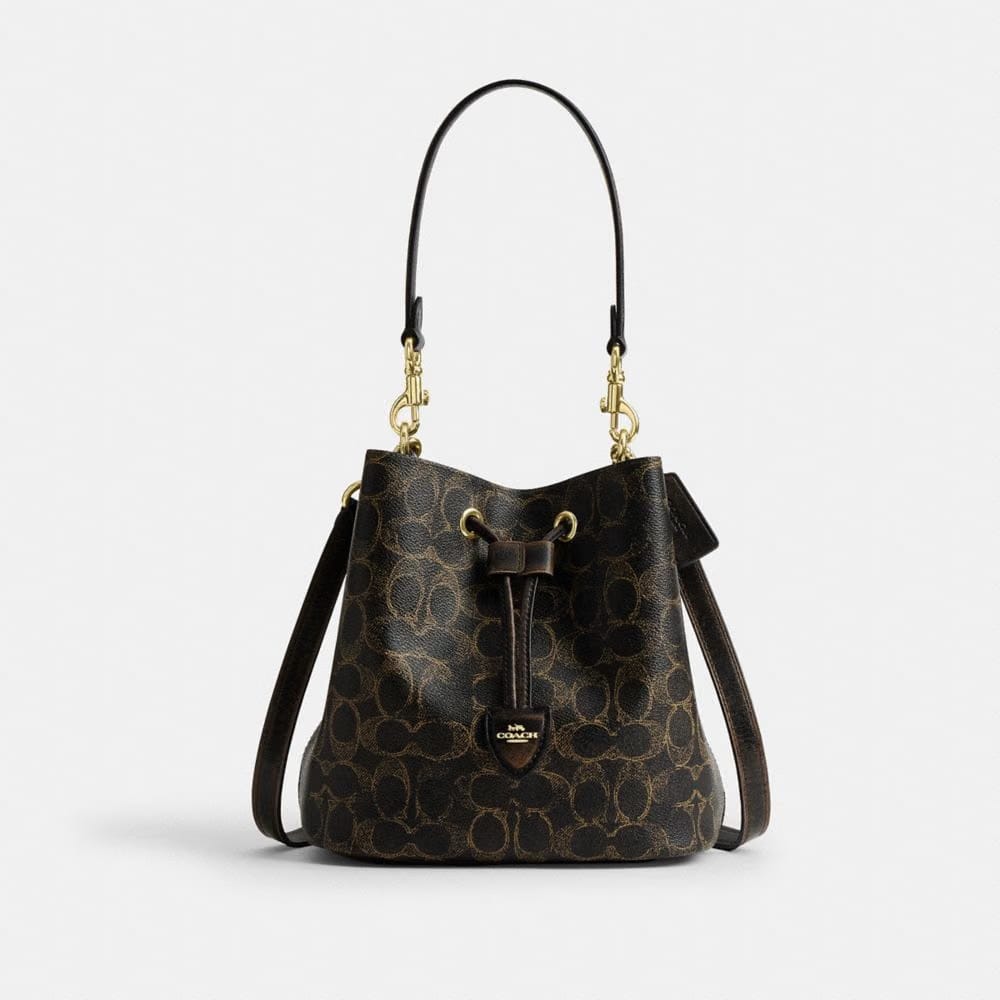 Coach Rowan Bucket Bag In Loved Signature Canvas With Charms Gold Brown