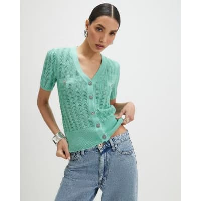 Green Short Sleeve Crochet Knit Cardigan