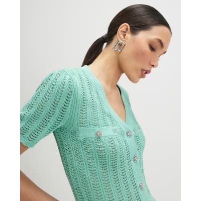 Green Short Sleeve Crochet Knit Cardigan