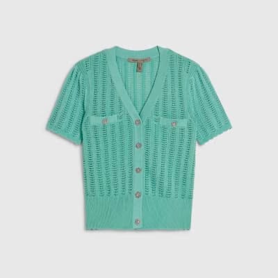 Green Short Sleeve Crochet Knit Cardigan