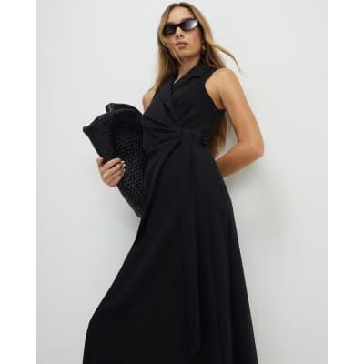 Black Knot Front Wrap Midi Dress