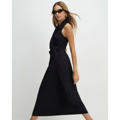 Black Knot Front Wrap Midi Dress