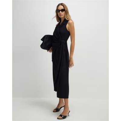 Black Knot Front Wrap Midi Dress
