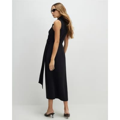 Black Knot Front Wrap Midi Dress
