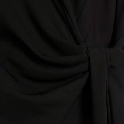 Black Knot Front Wrap Midi Dress