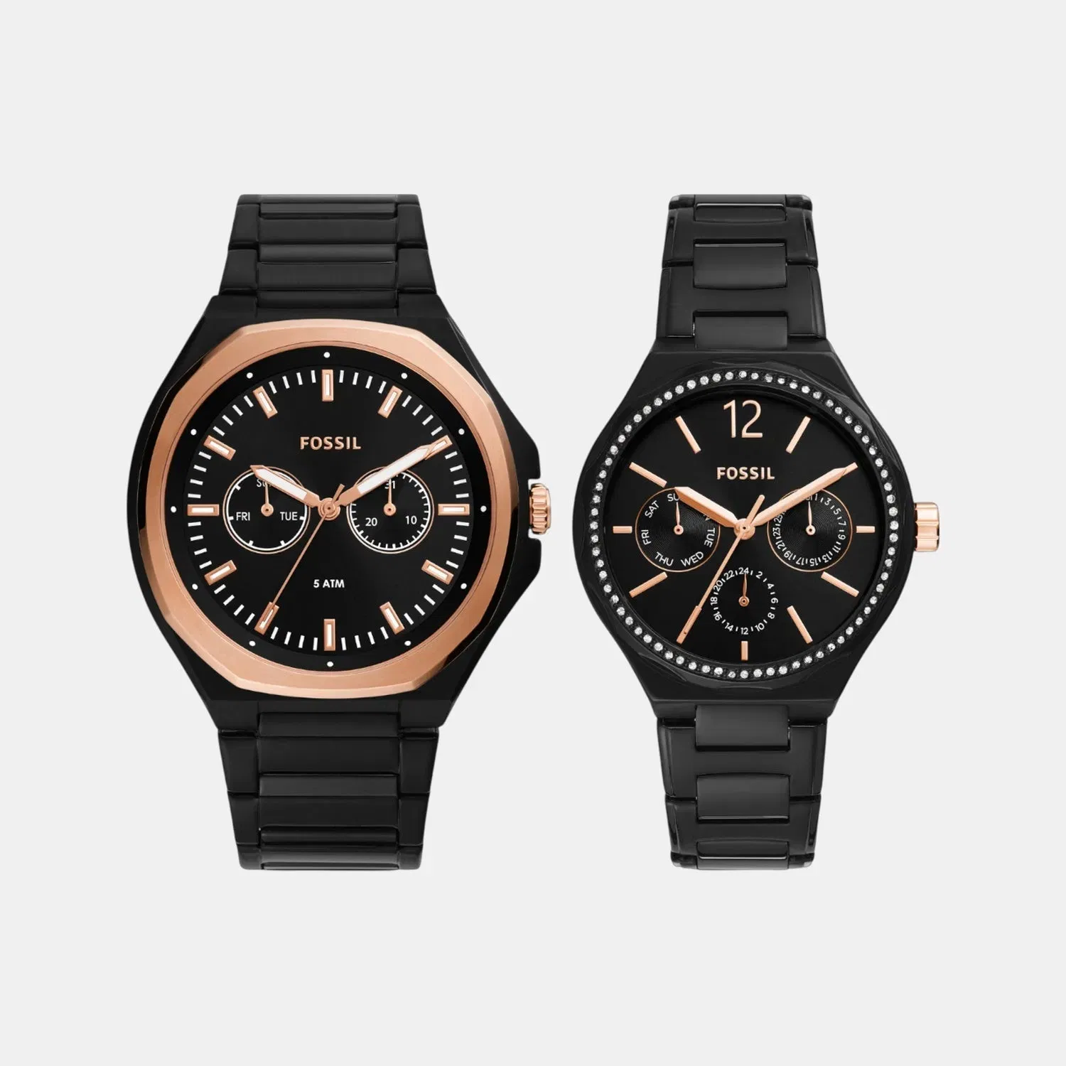 Fossil Evanston Couple Quartz Black Dial Multi-Function Stainless Steel Watch Bq2645Set