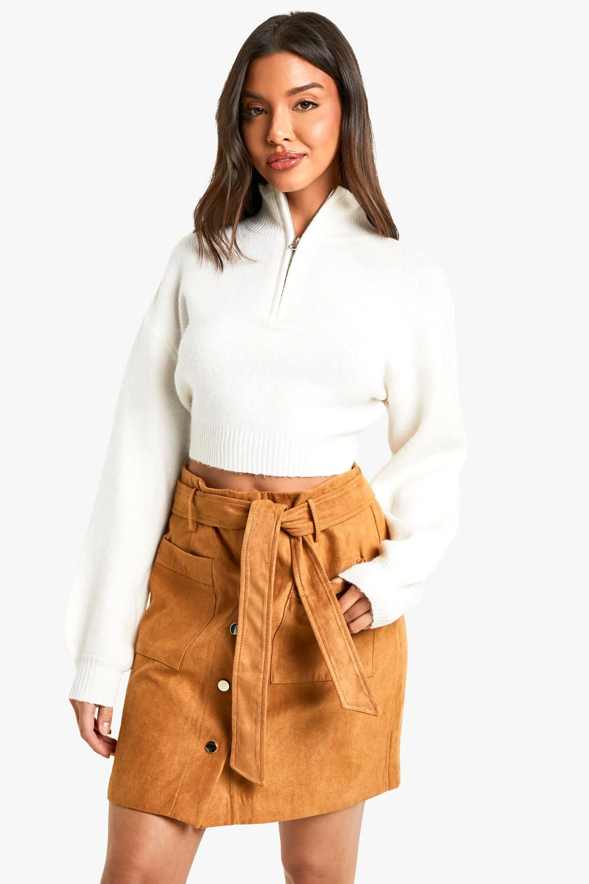 Belted Button Through Suede Look Mini Skirt