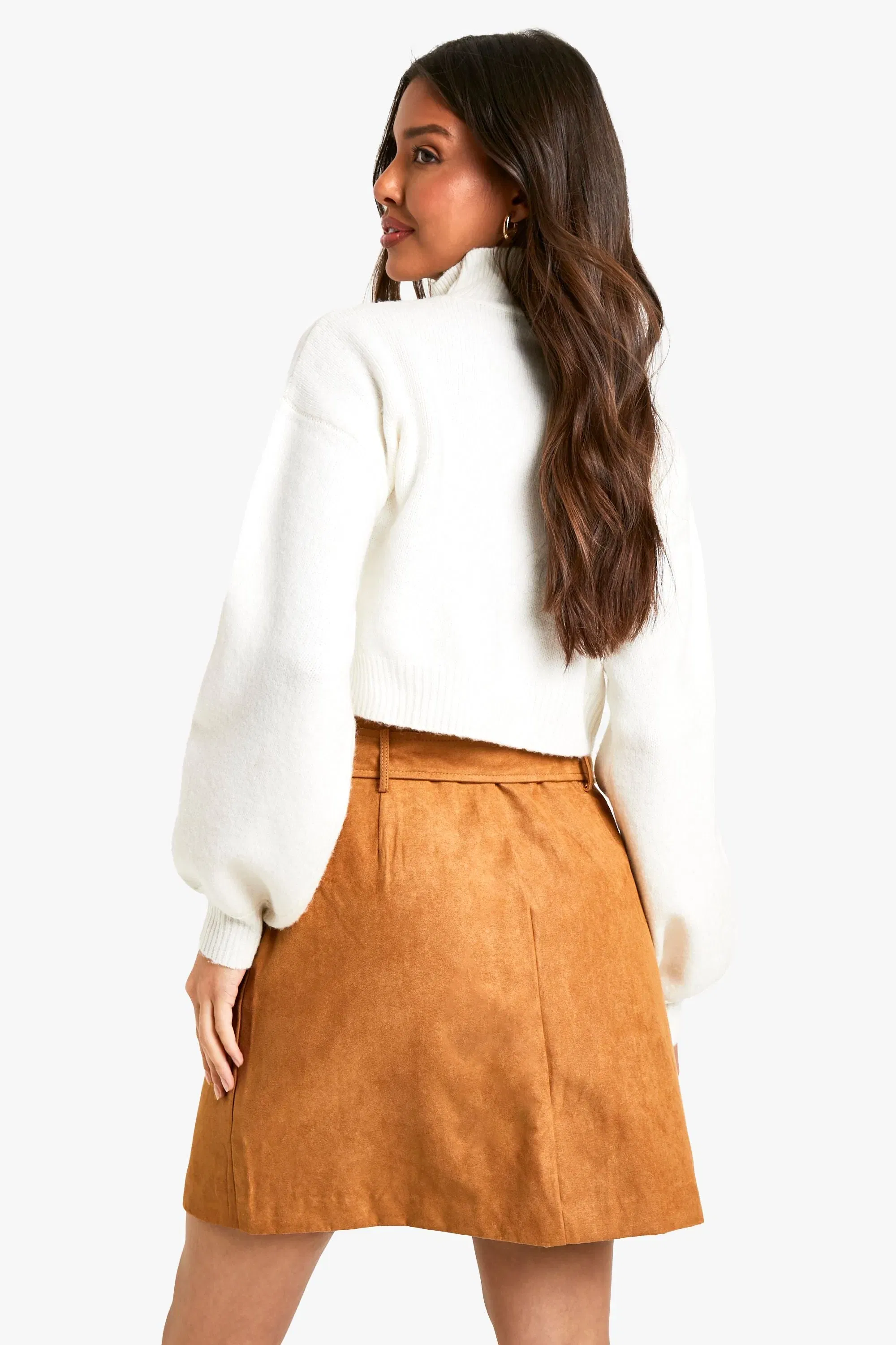 Belted Button Through Suede Look Mini Skirt