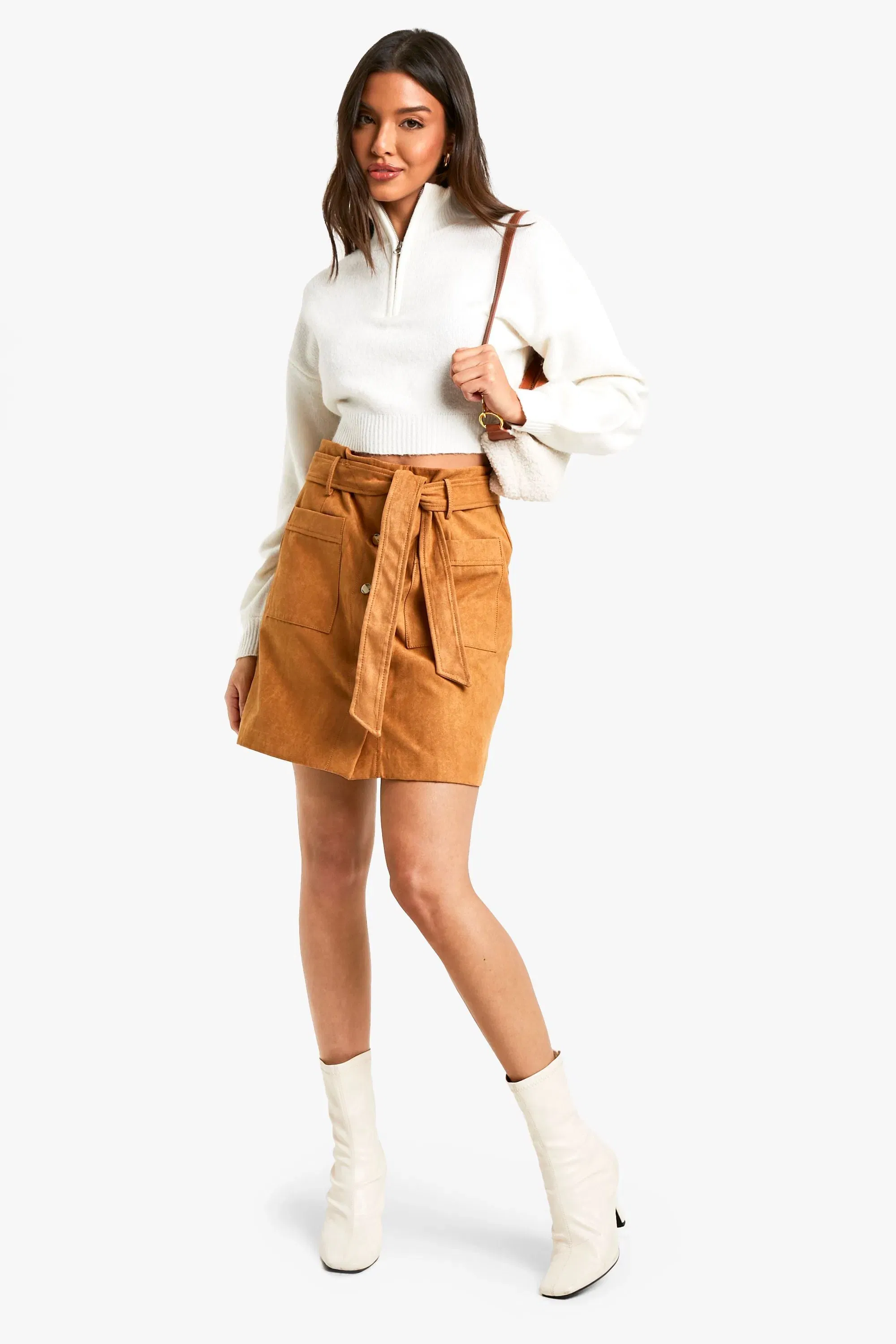 Belted Button Through Suede Look Mini Skirt