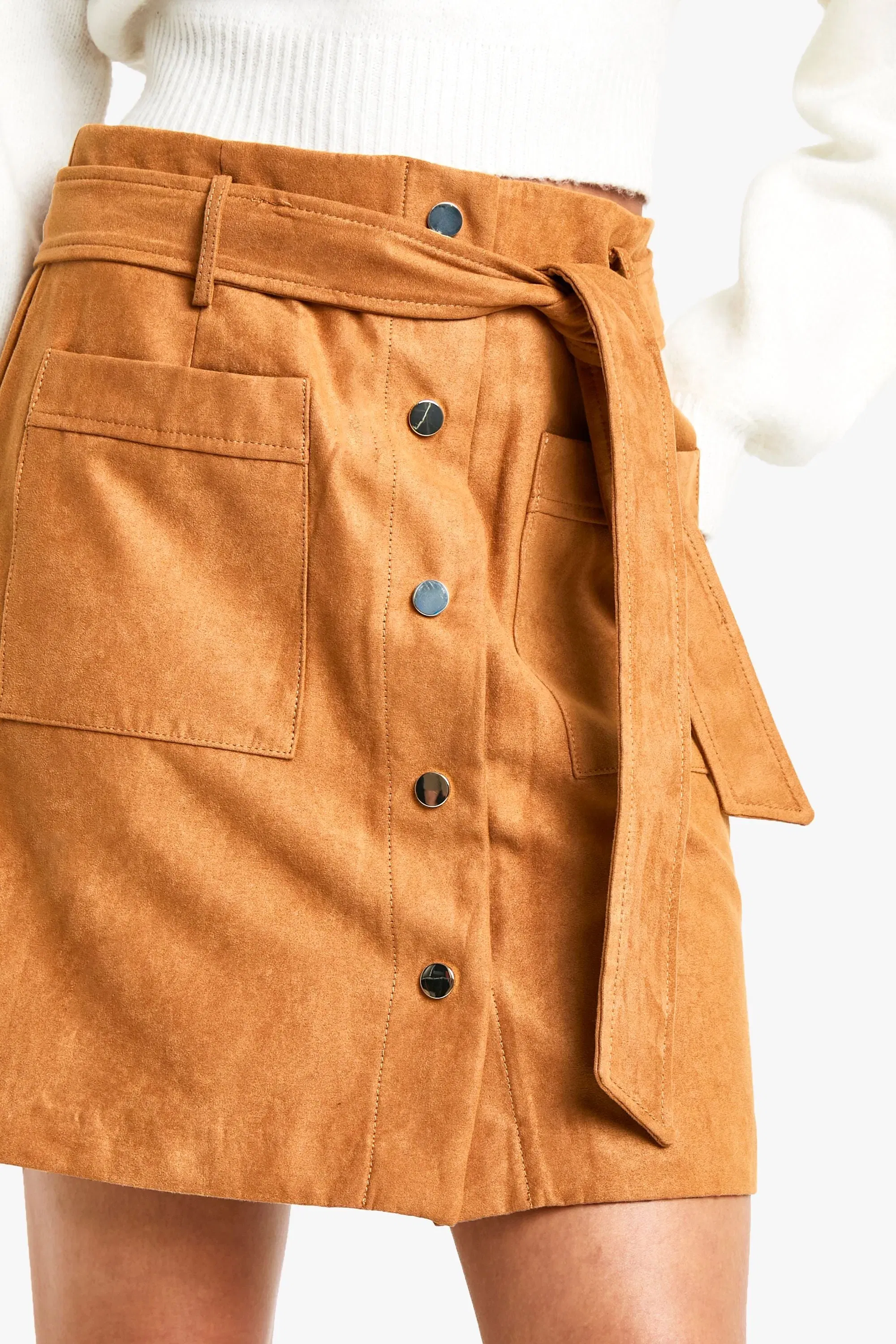 Belted Button Through Suede Look Mini Skirt