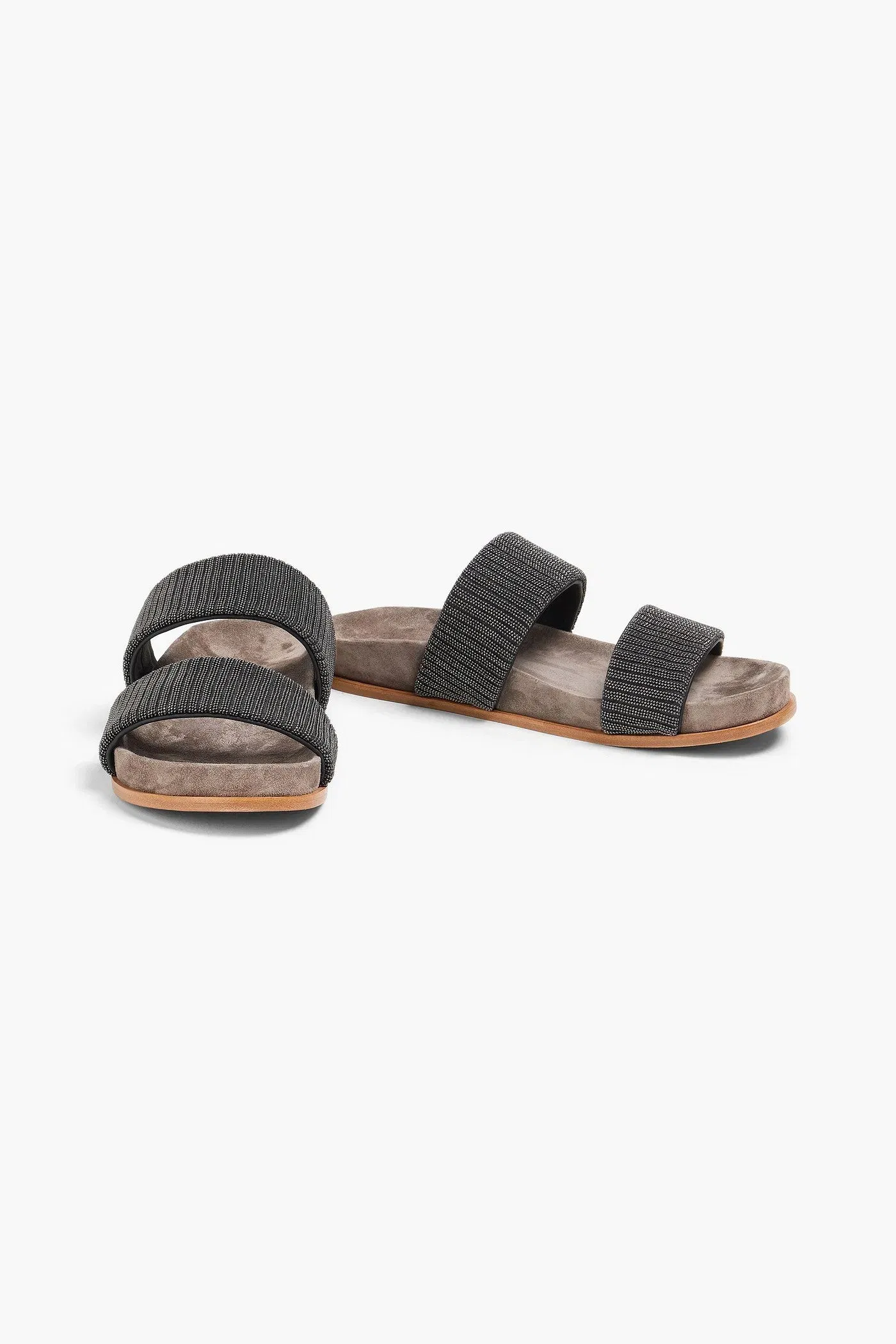Brunello Cucinelli Bead-Embellished Leather Sandals Charcoal Women's