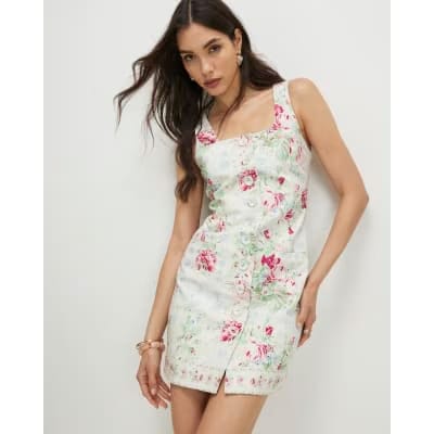 White Floral Square Neck Shift Mini Dress