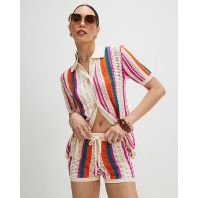 Cream Striped Crochet Shorts