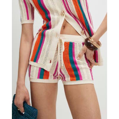 Cream Striped Crochet Shorts